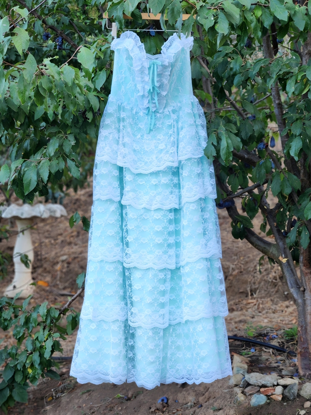 1950s Strapless Cupcake Party Dress With Lace Tiers & Satin Waterfall Bow